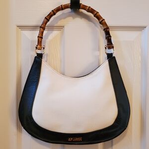 Guy Laroche Black and White Hobo Bag with Bamboo Handle